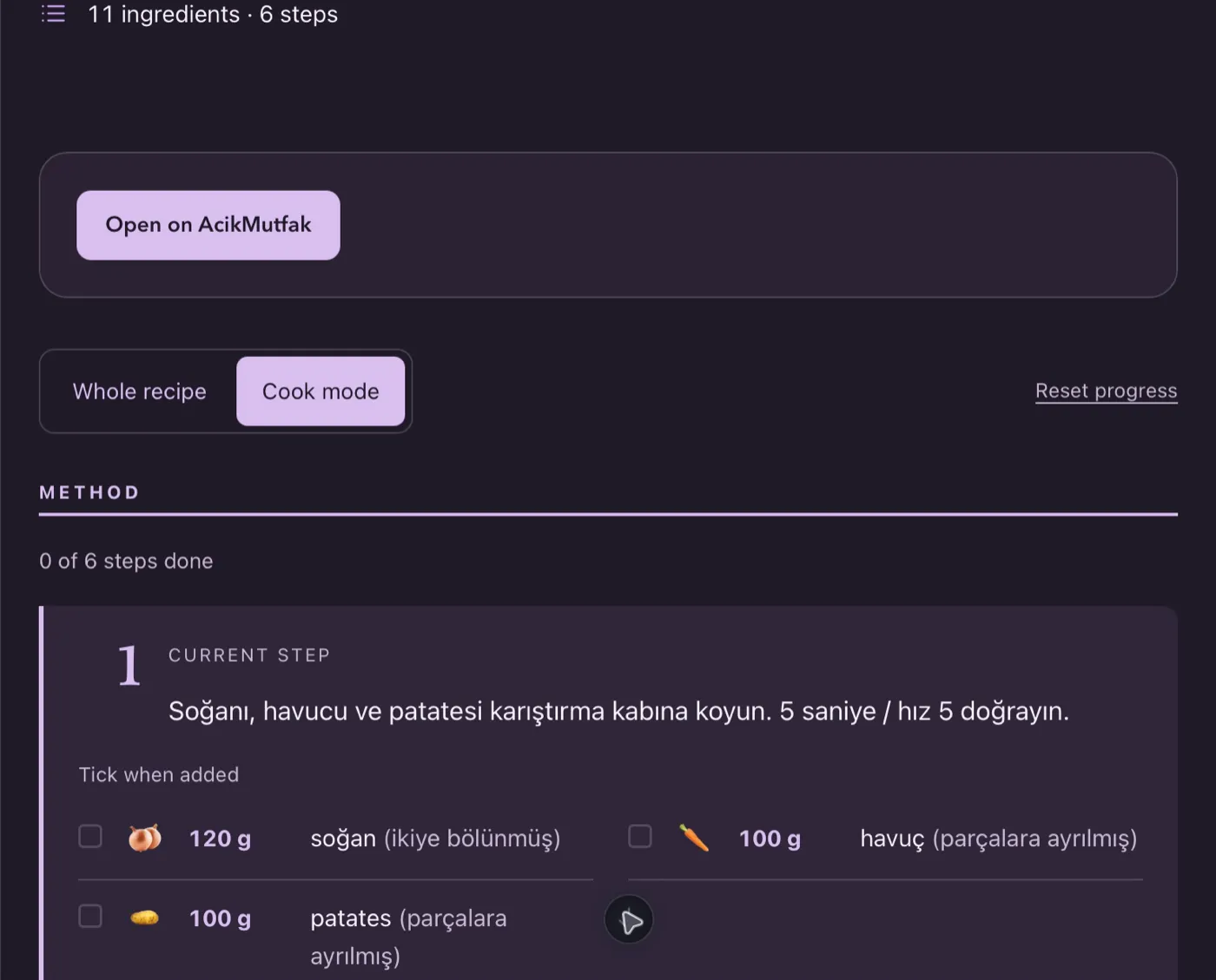 ChatGPT’de Pişirme modu, geçerli adım ve malzemeleri