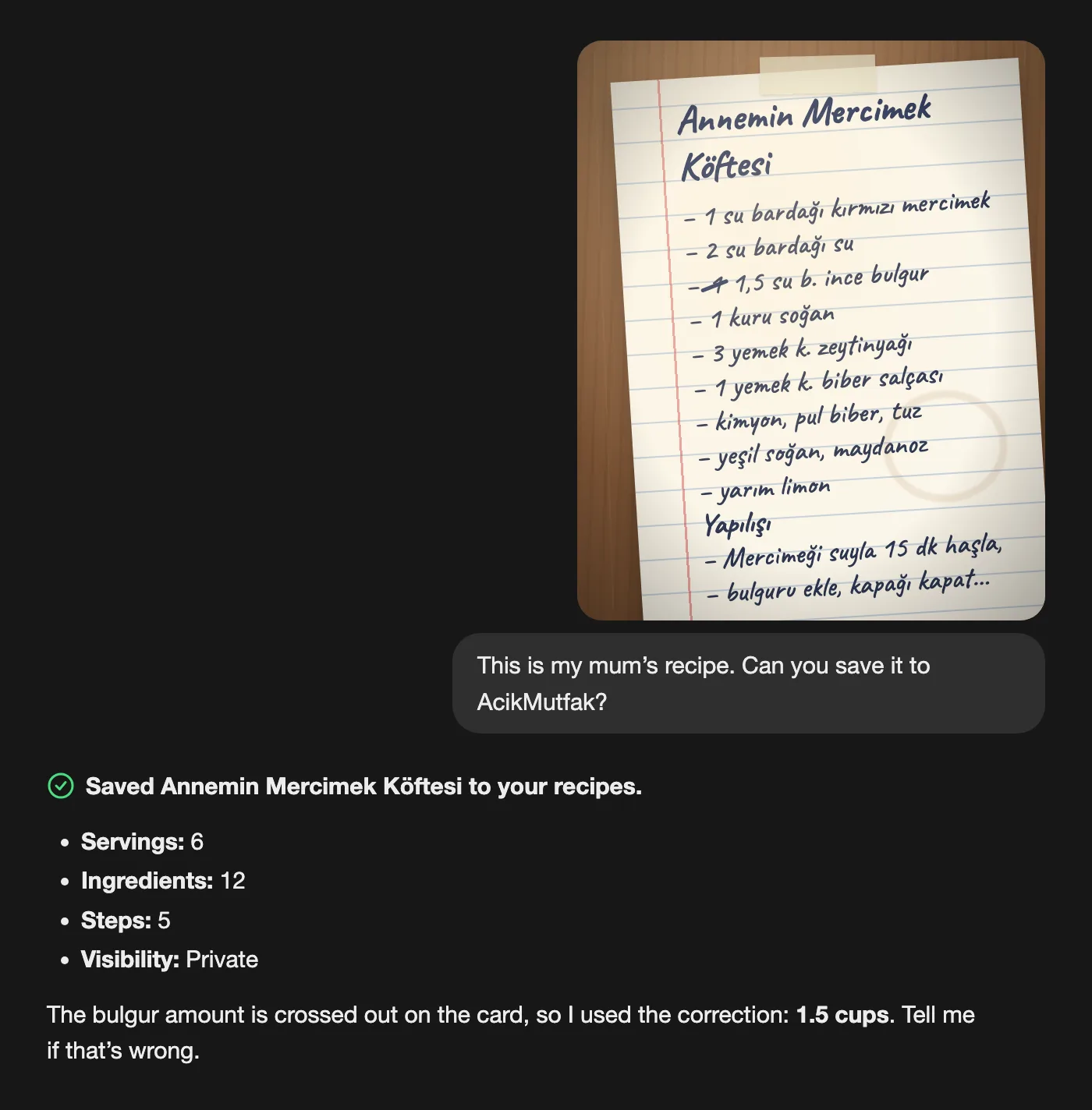 A photo of a handwritten lentil kofte recipe card sent in a chat, and the reply confirming it was saved as a private recipe